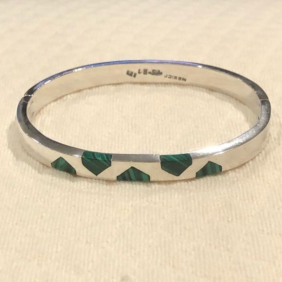 Vintage TAXCO Malachite Sterling Silver Hinged Bangle - Picture 4 of 13